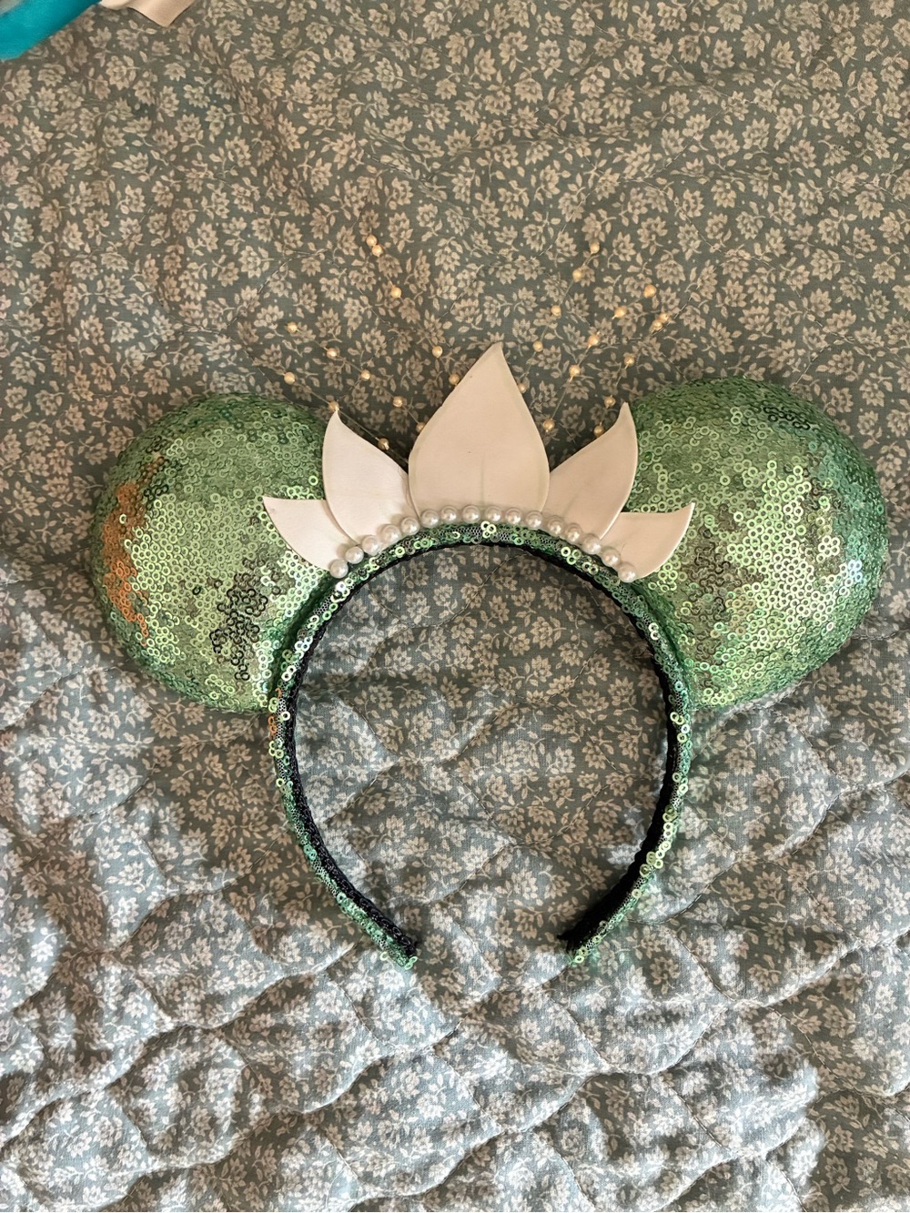 Green Sequin Princess Tiana Ear Headband with Pearl Accents
